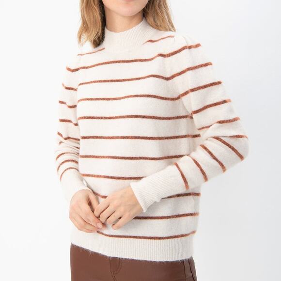 Vero Moda Cornelia Alpaca Wool Blend Cream & Brown Stripe Mock Neck Sweater - Picture 1 of 12